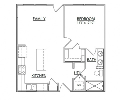 Floor plan for 1 bed, 1 bath, 645 sqft
